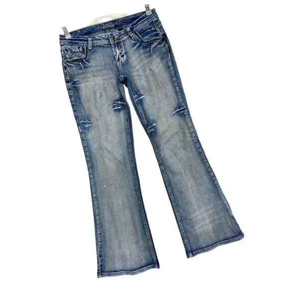 Vintage Y2K Low Rise Flare Jeans 29 Embroidered Studded Grunge Mall Grunge - Picture 11 of 13
